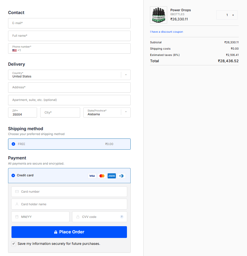 Power Drops order page
